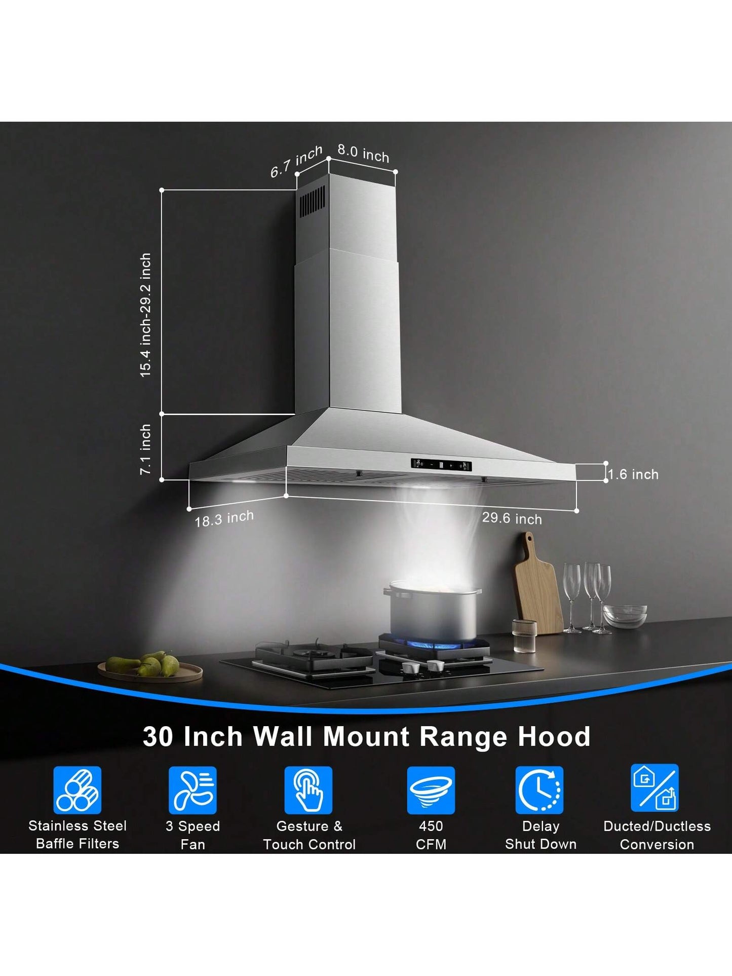 Wall Mount Range Hood 30 Inch, Ducted/Ductless Range Hood With Gesture Sensing & Touch Control, Kitchen Hood 30 Inch 450CFM, Vent Hood W/Stainless Steel Baffle Filters, 3 Speed Fan
