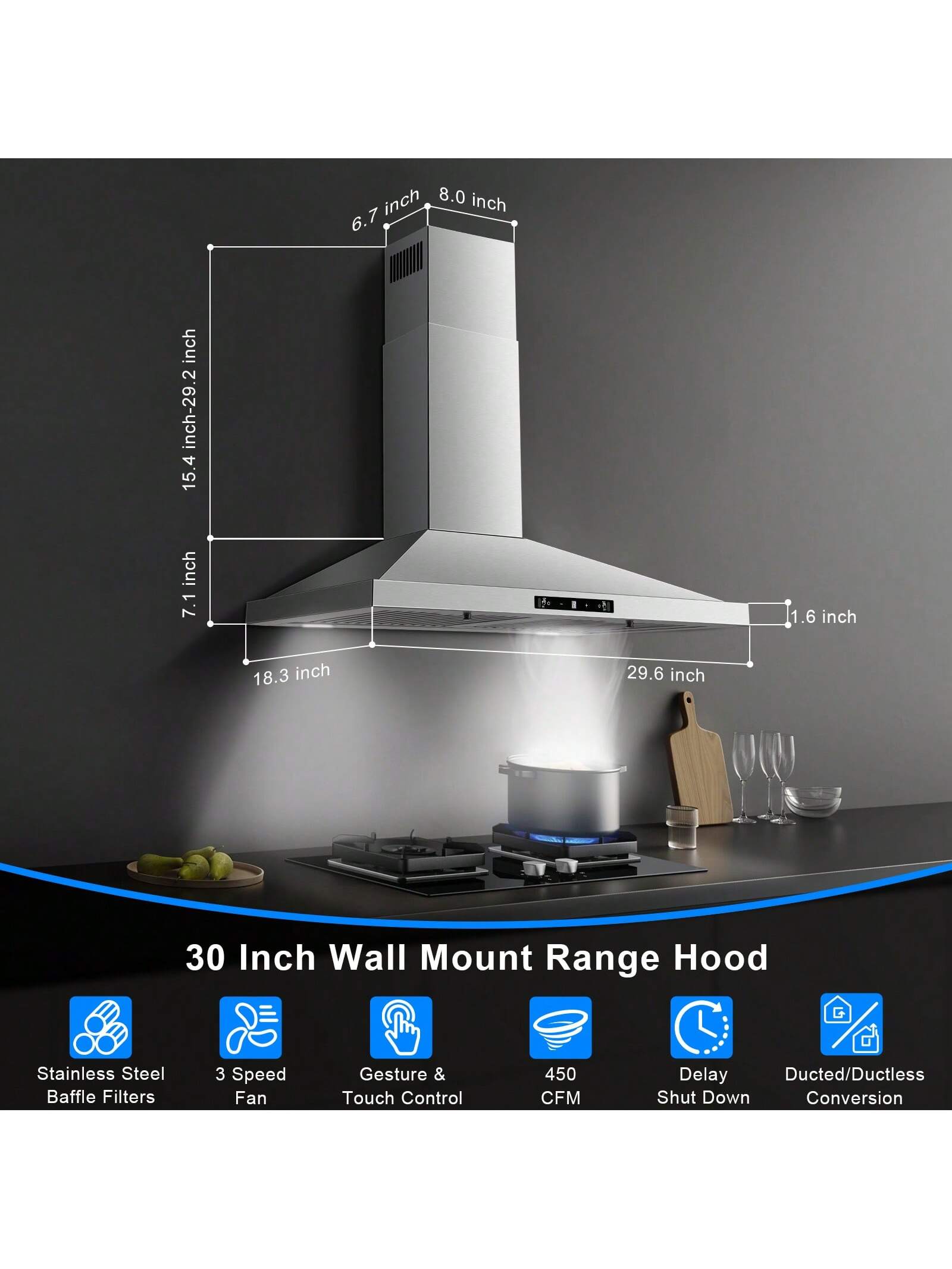 Wall Mount Range Hood 30 Inch, Ducted/Ductless Range Hood With Gesture Sensing & Touch Control, Kitchen Hood 30 Inch 450CFM, Vent Hood W/Stainless Steel Baffle Filters, 3 Speed Fan