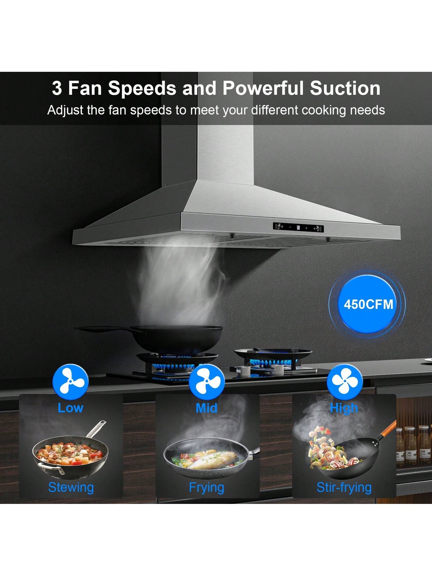 Wall Mount Range Hood 30 Inch, Ducted/Ductless Range Hood With Gesture Sensing & Touch Control, Kitchen Hood 30 Inch 450CFM, Vent Hood W/Stainless Steel Baffle Filters, 3 Speed Fan