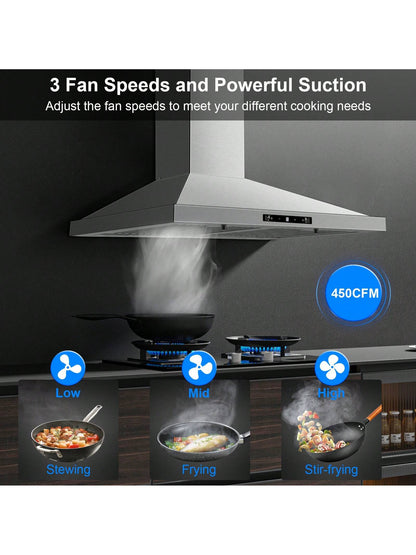 Wall Mount Range Hood 30 Inch, Ducted/Ductless Range Hood With Gesture Sensing & Touch Control, Kitchen Hood 30 Inch 450CFM, Vent Hood W/Stainless Steel Baffle Filters, 3 Speed Fan