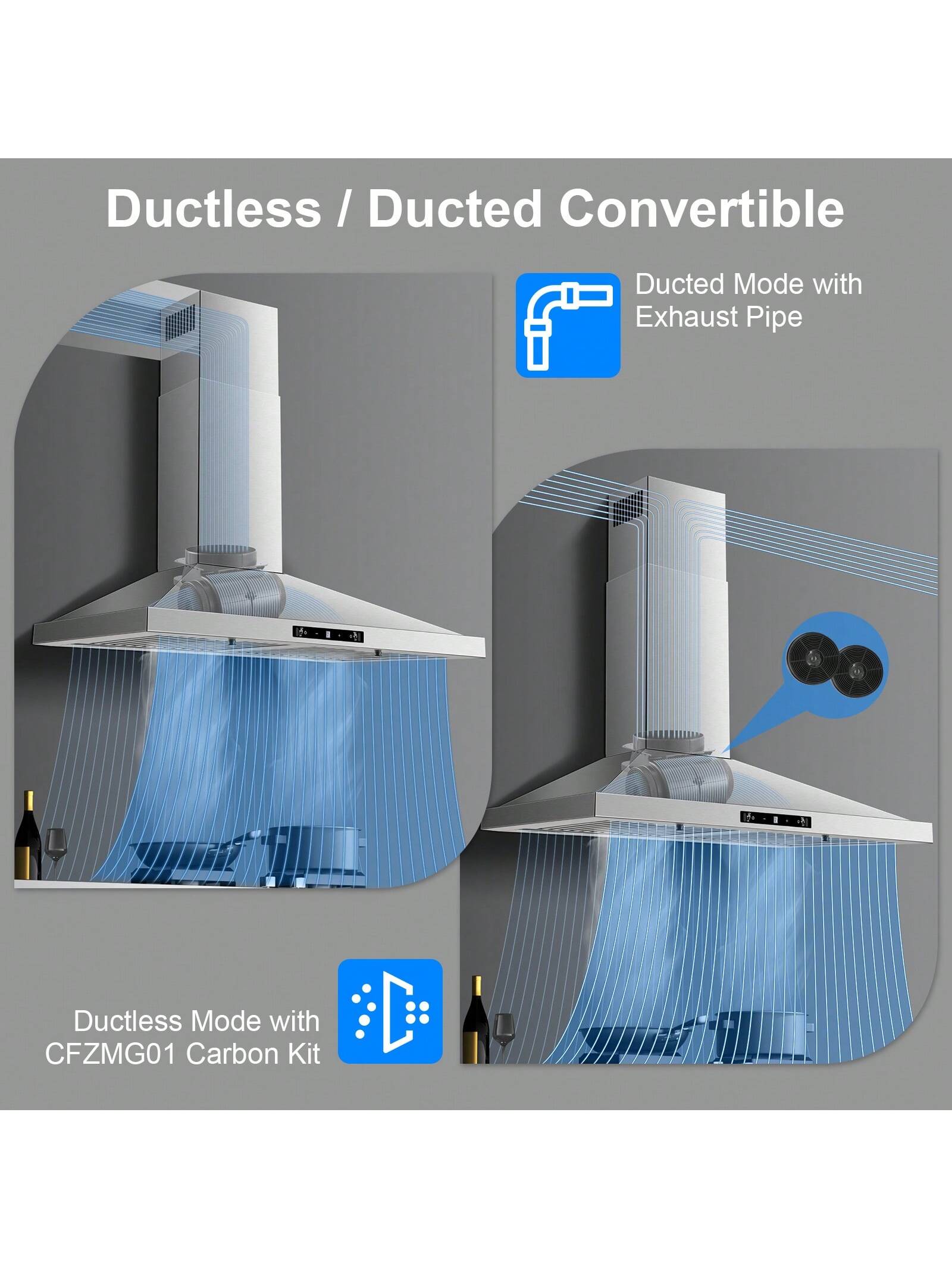 Wall Mount Range Hood 30 Inch, Ducted/Ductless Range Hood With Gesture Sensing & Touch Control, Kitchen Hood 30 Inch 450CFM, Vent Hood W/Stainless Steel Baffle Filters, 3 Speed Fan
