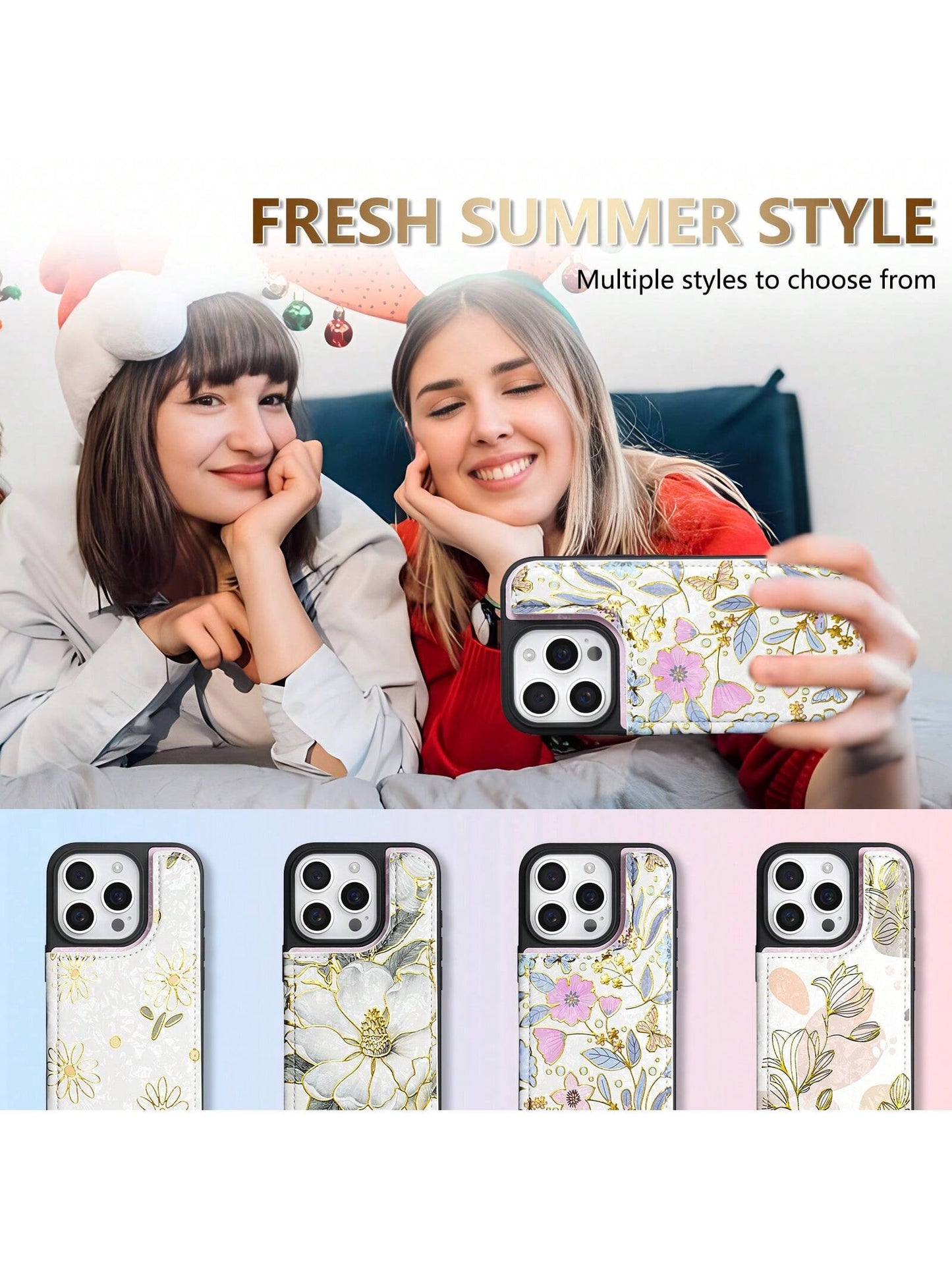 Wallet Foil Printed Embossing Hot Stamped Floral Pattern Double Buckle RFID Blocking Anti Theft Brush With Card Slot Photo Frame Support Function Magnetism Flip PU Artificial Leather Case Compatible W