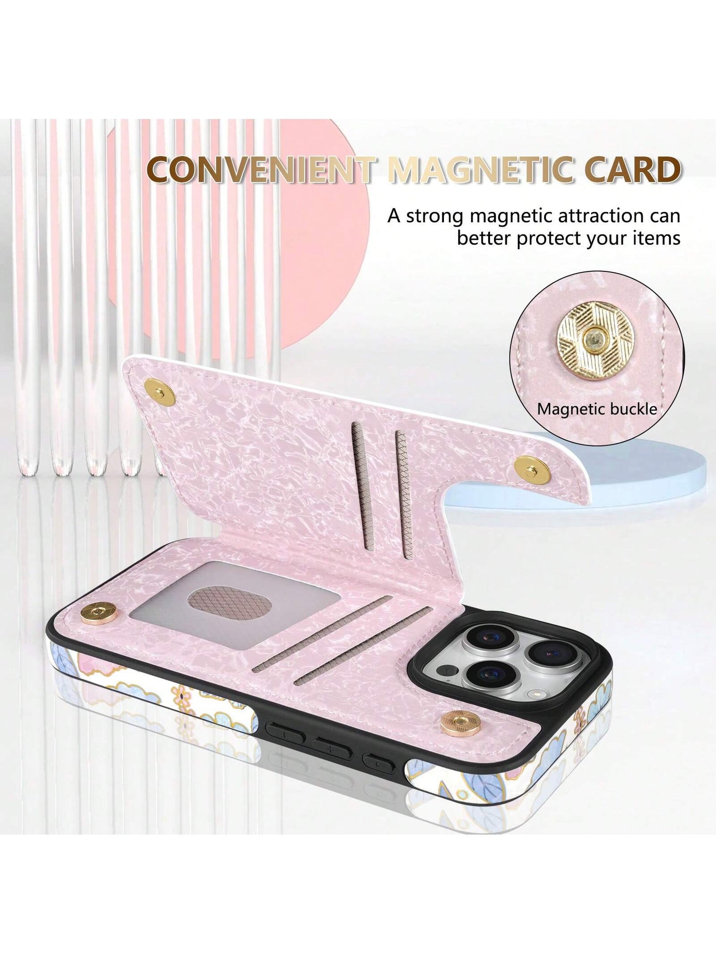 Wallet Foil Printed Embossing Hot Stamped Floral Pattern Double Buckle RFID Blocking Anti Theft Brush With Card Slot Photo Frame Support Function Magnetism Flip PU Artificial Leather Case Compatible W
