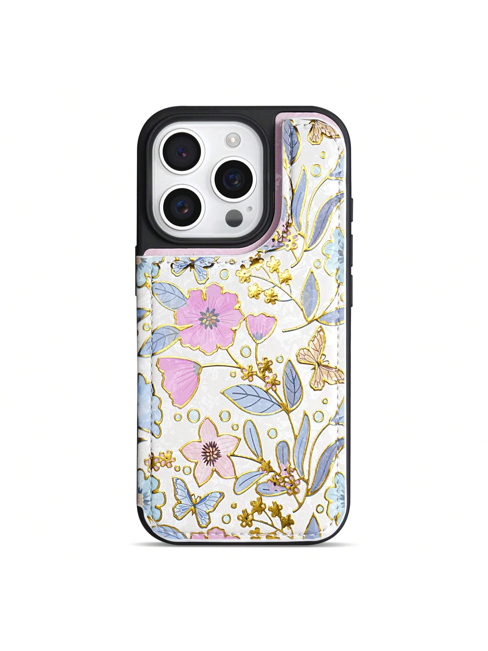 Wallet Foil Printed Embossing Hot Stamped Floral Pattern Double Buckle RFID Blocking Anti Theft Brush With Card Slot Photo Frame Support Function Magnetism Flip PU Artificial Leather Case Compatible W