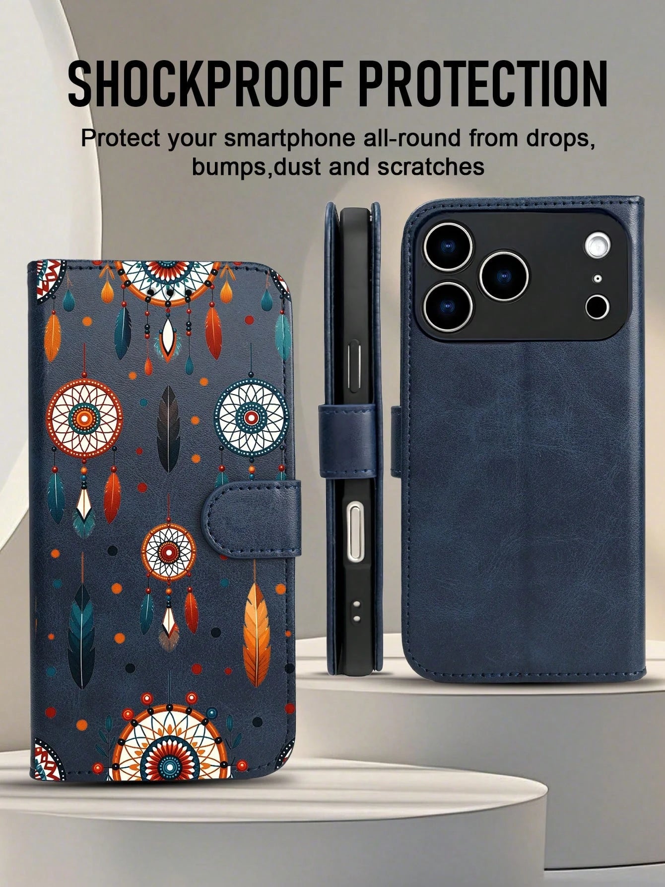 Wallet Phone Case,Folio Case Black Background Adorned With Colorful Dreamcatchers And Feathers In Bohemian Free-Spirit Style, Compatible With IPhone 17/16/15/14/13/12 Series (Pro Max/Plus), Handcrafte