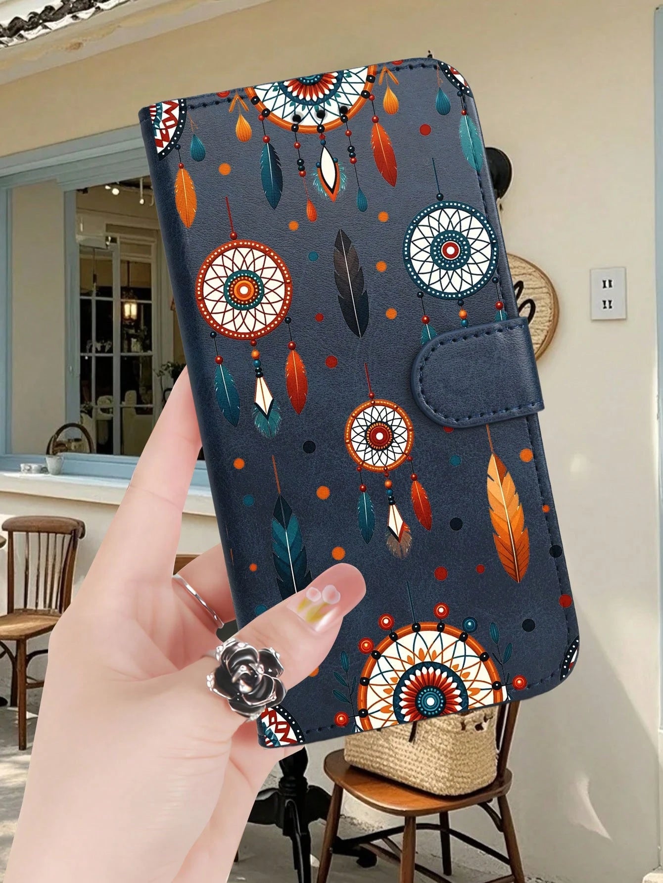 Wallet Phone Case,Folio Case Black Background Adorned With Colorful Dreamcatchers And Feathers In Bohemian Free-Spirit Style, Compatible With IPhone 17/16/15/14/13/12 Series (Pro Max/Plus), Handcrafte