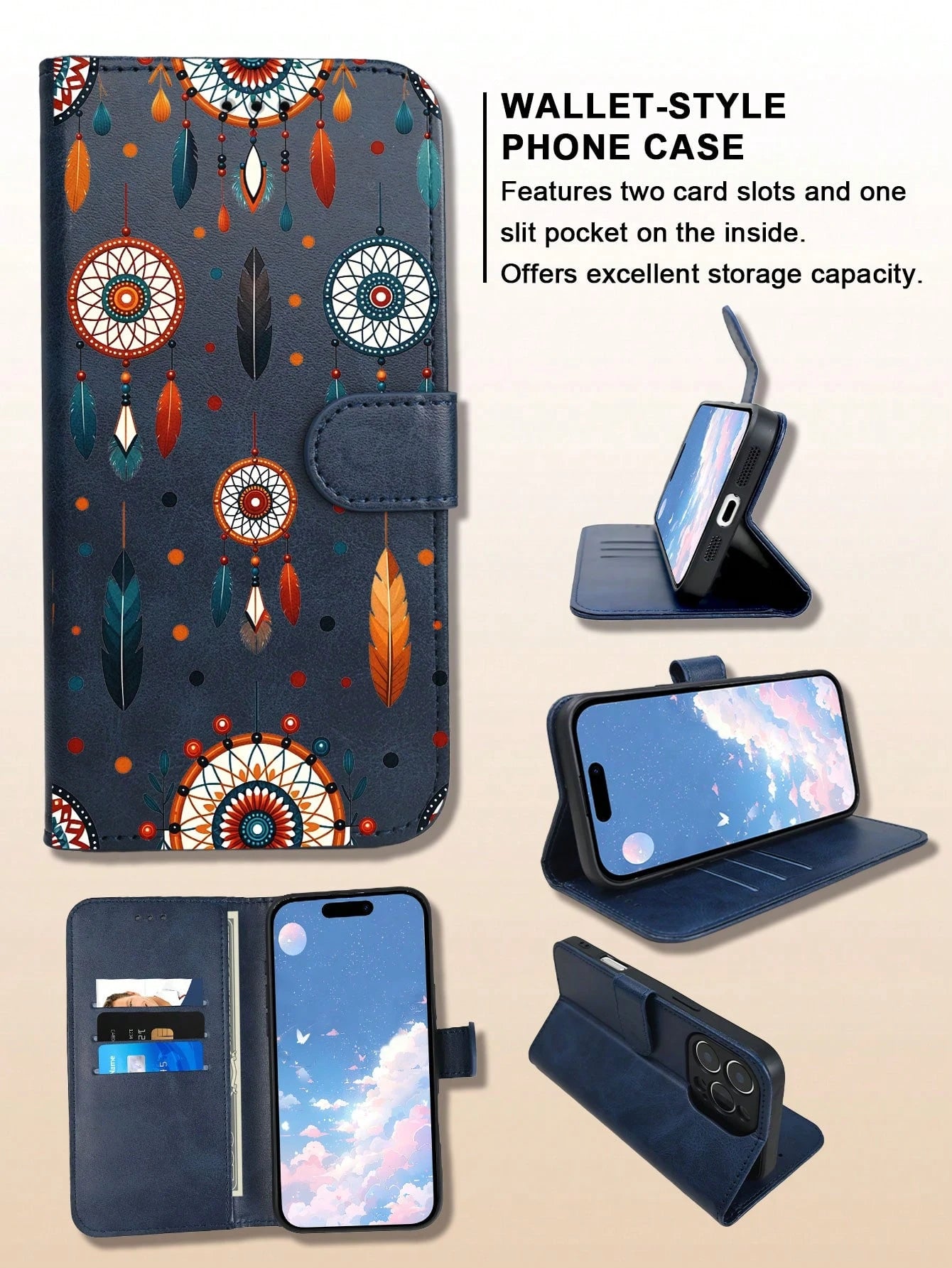 Wallet Phone Case,Folio Case Black Background Adorned With Colorful Dreamcatchers And Feathers In Bohemian Free-Spirit Style, Compatible With IPhone 17/16/15/14/13/12 Series (Pro Max/Plus), Handcrafte