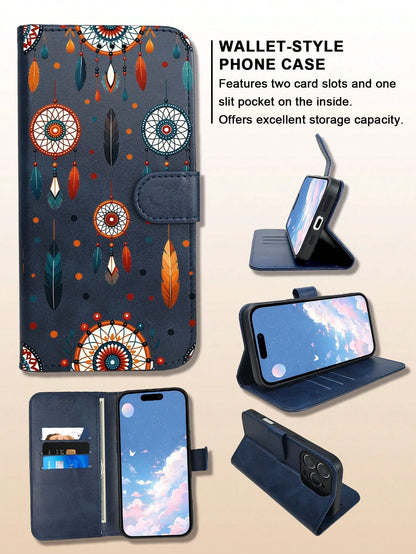 Wallet Phone Case,Folio Case Black Background Adorned With Colorful Dreamcatchers And Feathers In Bohemian Free-Spirit Style, Compatible With IPhone 17/16/15/14/13/12 Series (Pro Max/Plus), Handcrafte
