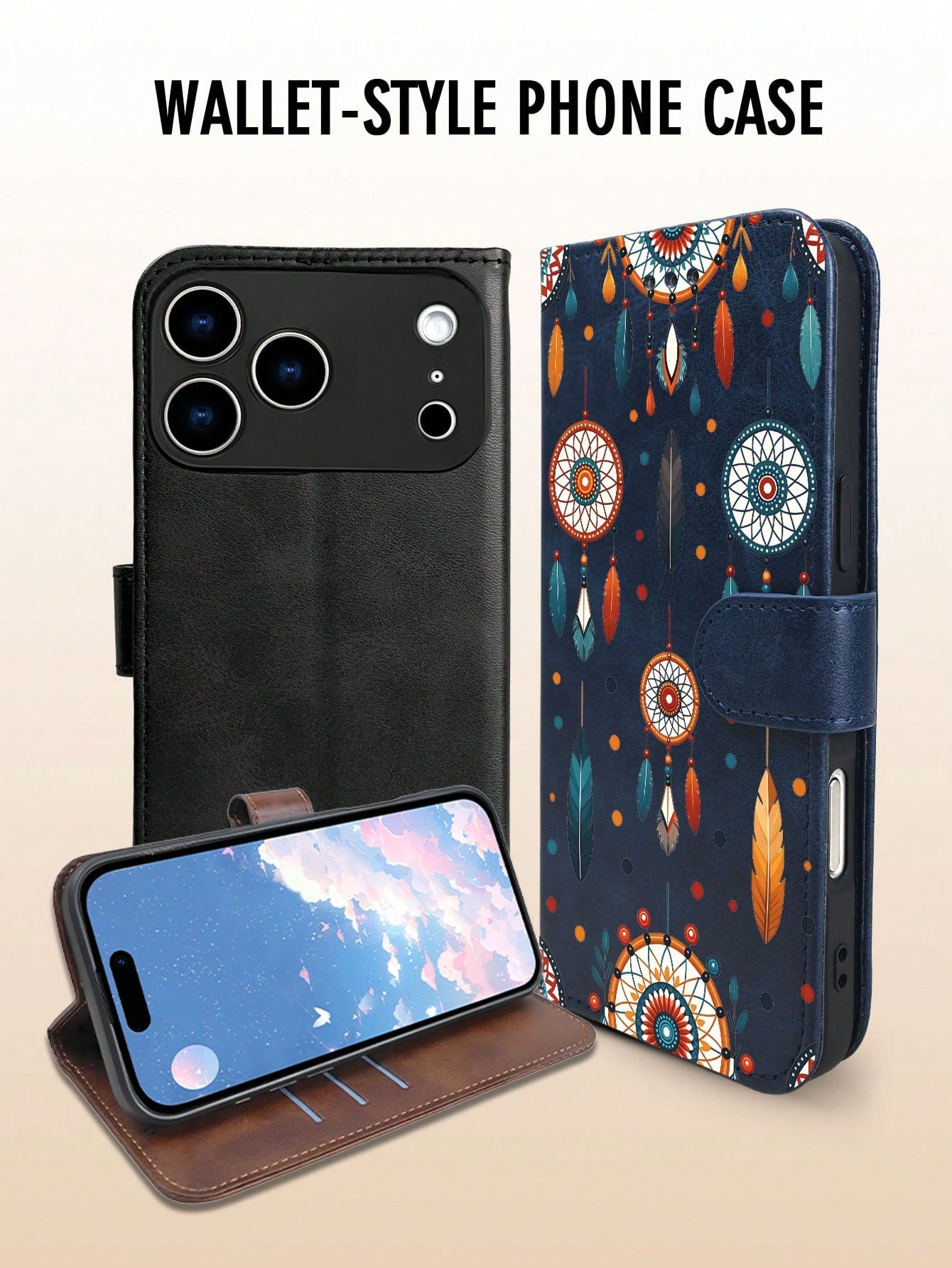 Wallet Phone Case,Folio Case Black Background Adorned With Colorful Dreamcatchers And Feathers In Bohemian Free-Spirit Style, Compatible With IPhone 17/16/15/14/13/12 Series (Pro Max/Plus), Handcrafte