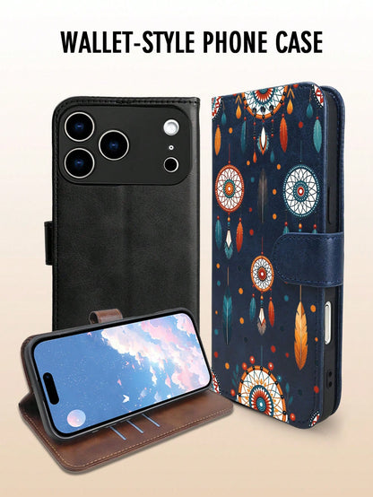 Wallet Phone Case,Folio Case Black Background Adorned With Colorful Dreamcatchers And Feathers In Bohemian Free-Spirit Style, Compatible With IPhone 17/16/15/14/13/12 Series (Pro Max/Plus), Handcrafte