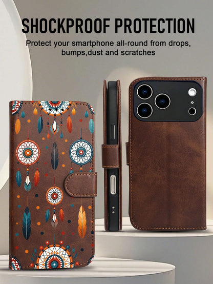 Wallet Phone Case,Folio Case Black Background Adorned With Colorful Dreamcatchers And Feathers In Bohemian Free-Spirit Style, Compatible With IPhone 17/16/15/14/13/12 Series (Pro Max/Plus), Handcrafte