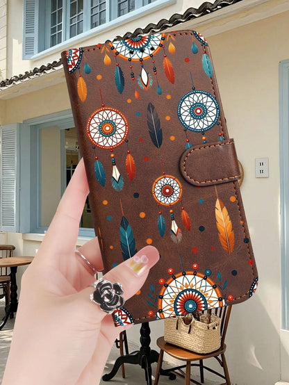Wallet Phone Case,Folio Case Black Background Adorned With Colorful Dreamcatchers And Feathers In Bohemian Free-Spirit Style, Compatible With IPhone 17/16/15/14/13/12 Series (Pro Max/Plus), Handcrafte