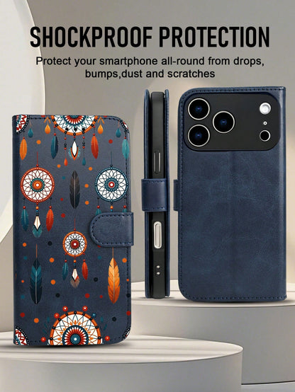 Wallet Phone Case,Folio Case Black Background Adorned With Colorful Dreamcatchers And Feathers In Bohemian Free-Spirit Style, Compatible With IPhone 17/16/15/14/13/12 Series (Pro Max/Plus), Handcrafte