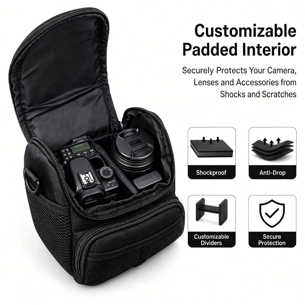 Waterproof Padded DSLR Camera Bag, Lightweight Travel Crossbody Case With Adjustable Strap & Multi-Pocket Storage For Photographers