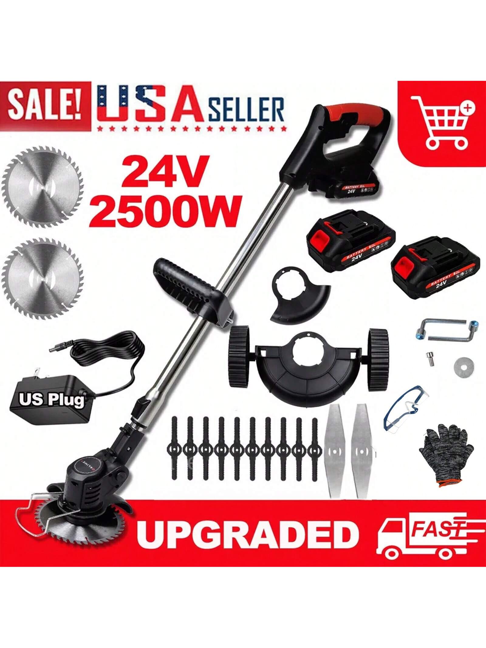 Weeds Wacker Cordless On Wheels, Electric Weeds Eater Battery Powered 21V, With 2 * 4000MAH Batteries, 1*Charger, 14*Blades, Heavy Duty Metal Bruch Edger Cutter Lightweight For Craftsman Women