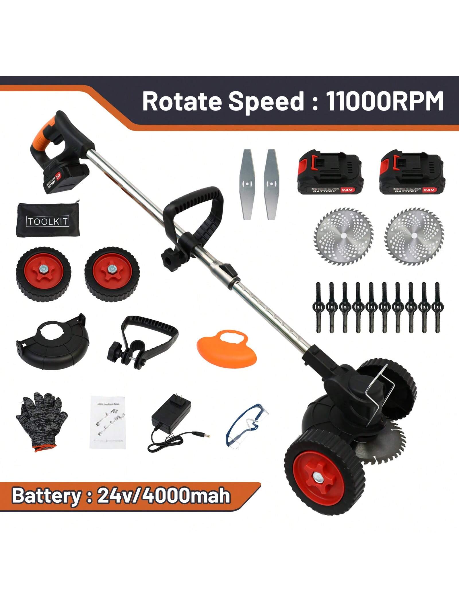 Weeds Wacker Cordless On Wheels, Electric Weeds Eater Battery Powered 21V, With 2 * 4000MAH Batteries, 1*Charger, 14*Blades, Heavy Duty Metal Bruch Edger Cutter Lightweight For Craftsman Women