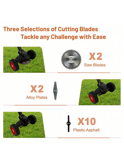 Weeds Wacker Cordless On Wheels, Electric Weeds Eater Battery Powered 21V, With 2 * 4000MAH Batteries, 1*Charger, 14*Blades, Heavy Duty Metal Bruch Edger Cutter Lightweight For Craftsman Women