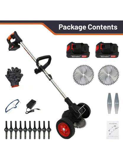 Weeds Wacker Cordless On Wheels, Electric Weeds Eater Battery Powered 21V, With 2 * 4000MAH Batteries, 1*Charger, 14*Blades, Heavy Duty Metal Bruch Edger Cutter Lightweight For Craftsman Women