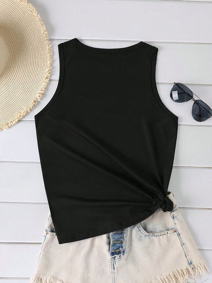 Western Vintage Bull Pattern Boho Summer Top, Round Neck Tank Top For Casual Summer Outfits, Plus Size Round Neck Casual Tank Top For Women