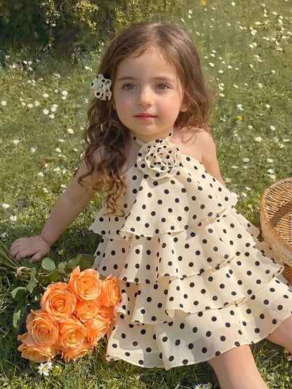 White And Black Polka Dot Baby Girls Halter Mini Dress,Cute Summer Party Tiered Ruffle Dresses With Floral Embellishment,Elegant Kid Clothes,1pc