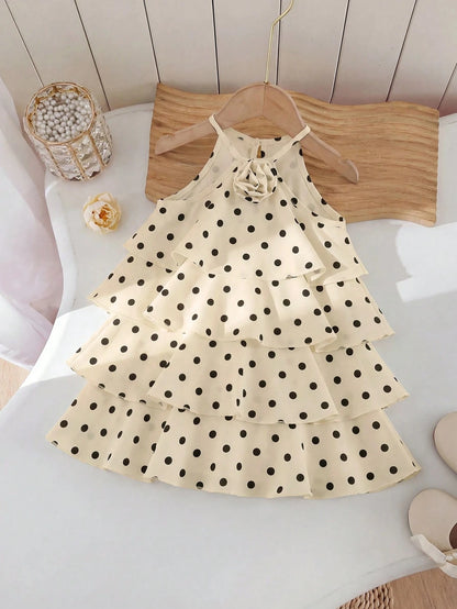 White And Black Polka Dot Baby Girls Halter Mini Dress,Cute Summer Party Tiered Ruffle Dresses With Floral Embellishment,Elegant Kid Clothes,1pc