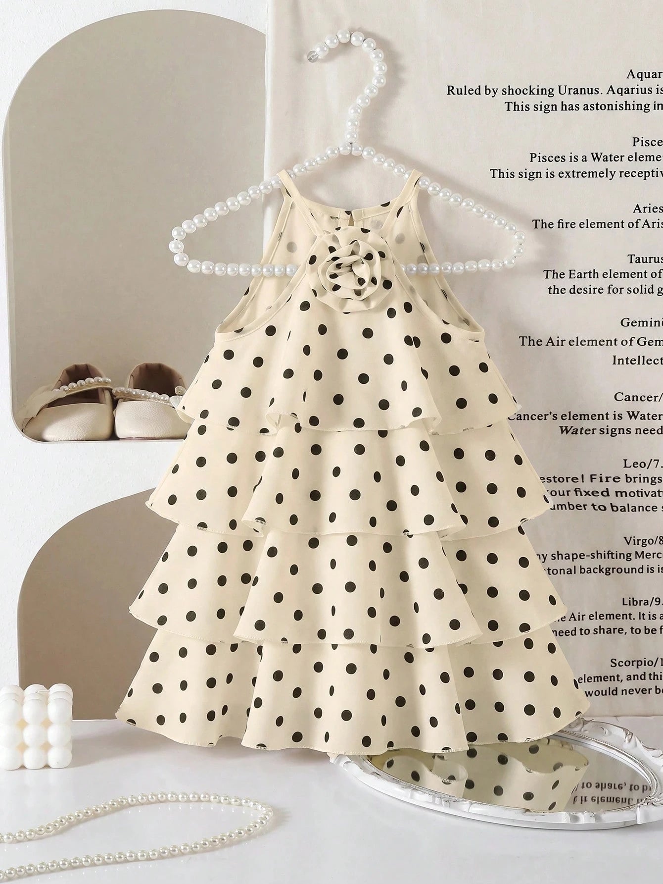 White And Black Polka Dot Baby Girls Halter Mini Dress,Cute Summer Party Tiered Ruffle Dresses With Floral Embellishment,Elegant Kid Clothes,1pc