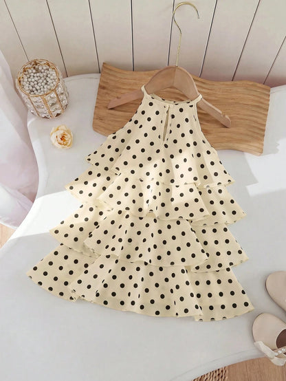 White And Black Polka Dot Baby Girls Halter Mini Dress,Cute Summer Party Tiered Ruffle Dresses With Floral Embellishment,Elegant Kid Clothes,1pc