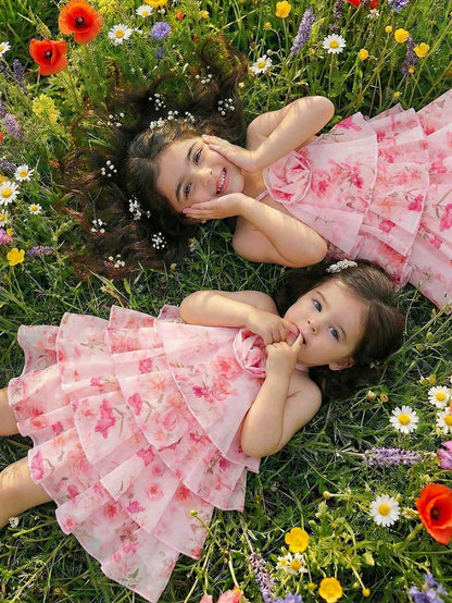 White And Black Polka Dot Baby Girls Halter Mini Dress,Cute Summer Party Tiered Ruffle Dresses With Floral Embellishment,Elegant Kid Clothes,1pc