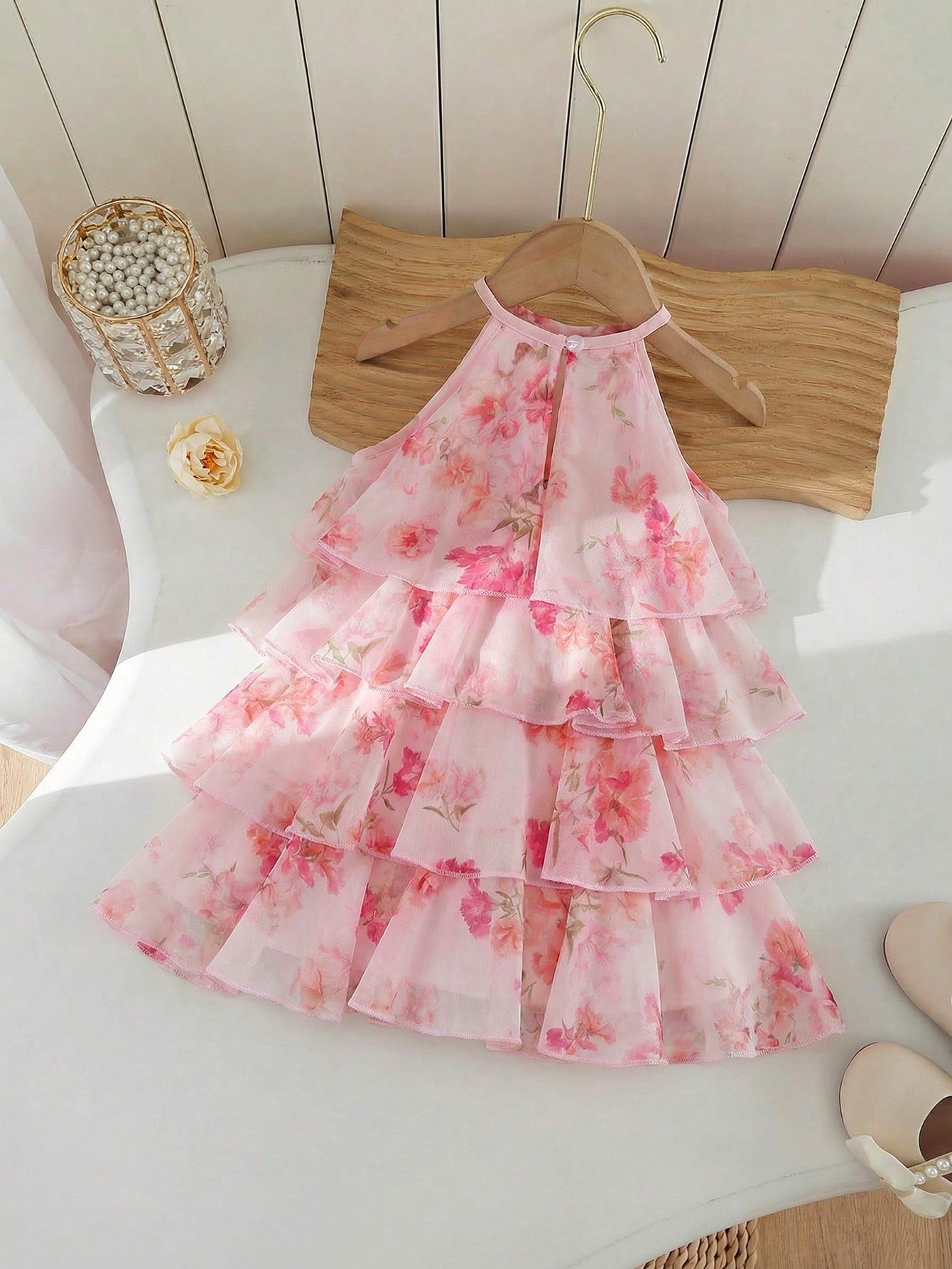 White And Black Polka Dot Baby Girls Halter Mini Dress,Cute Summer Party Tiered Ruffle Dresses With Floral Embellishment,Elegant Kid Clothes,1pc