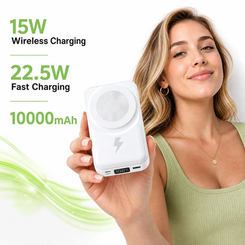 White And Green 10000mAh Magnetic Phone Charger With 15W Wireless And 22.5W Fast Charging, Featuring An LED Charge Indicator, Compact White Case And Rear Support For Desk Viewing, Compatible With IPho