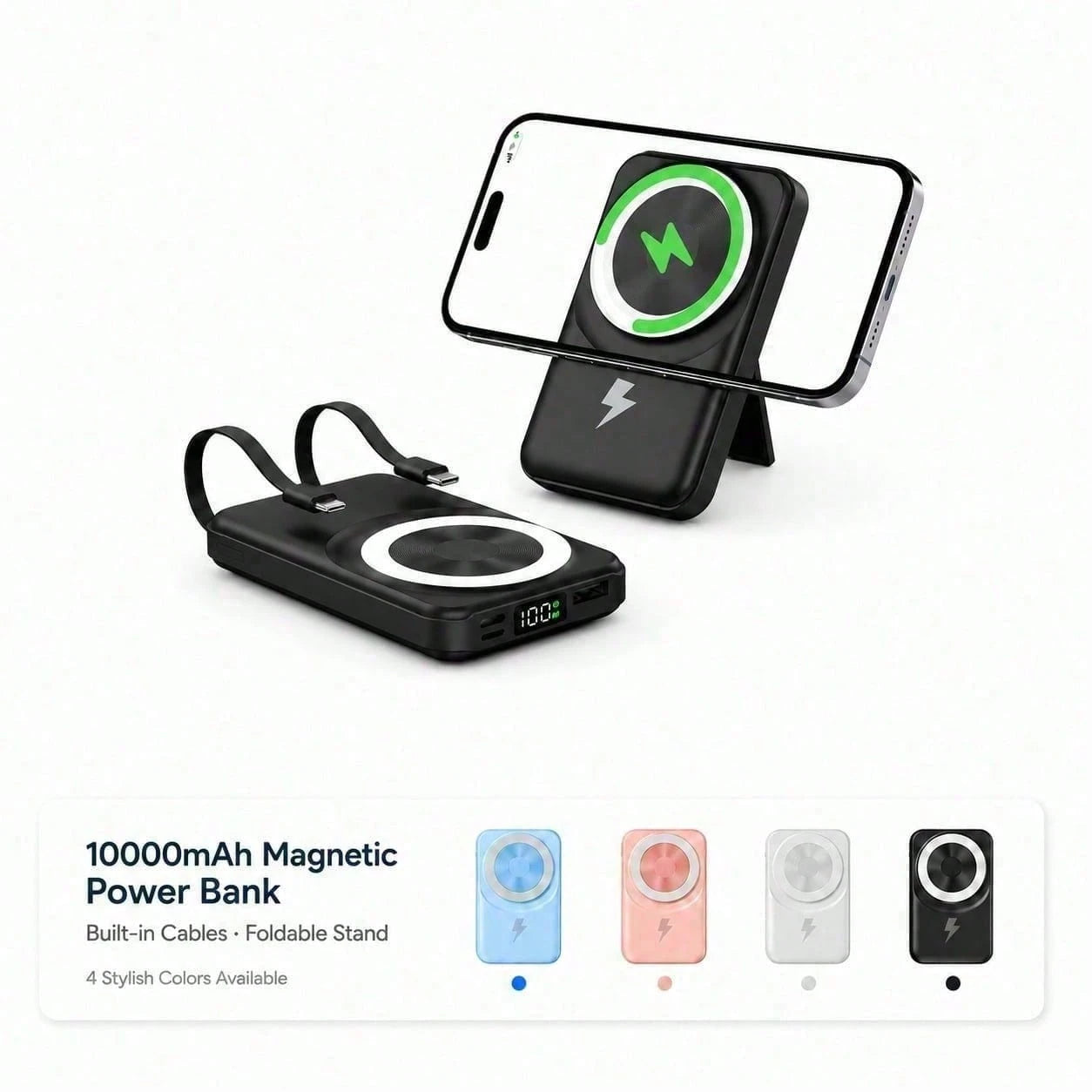 White And Green 10000mAh Magnetic Phone Charger With 15W Wireless And 22.5W Fast Charging, Featuring An LED Charge Indicator, Compact White Case And Rear Support For Desk Viewing, Compatible With IPho