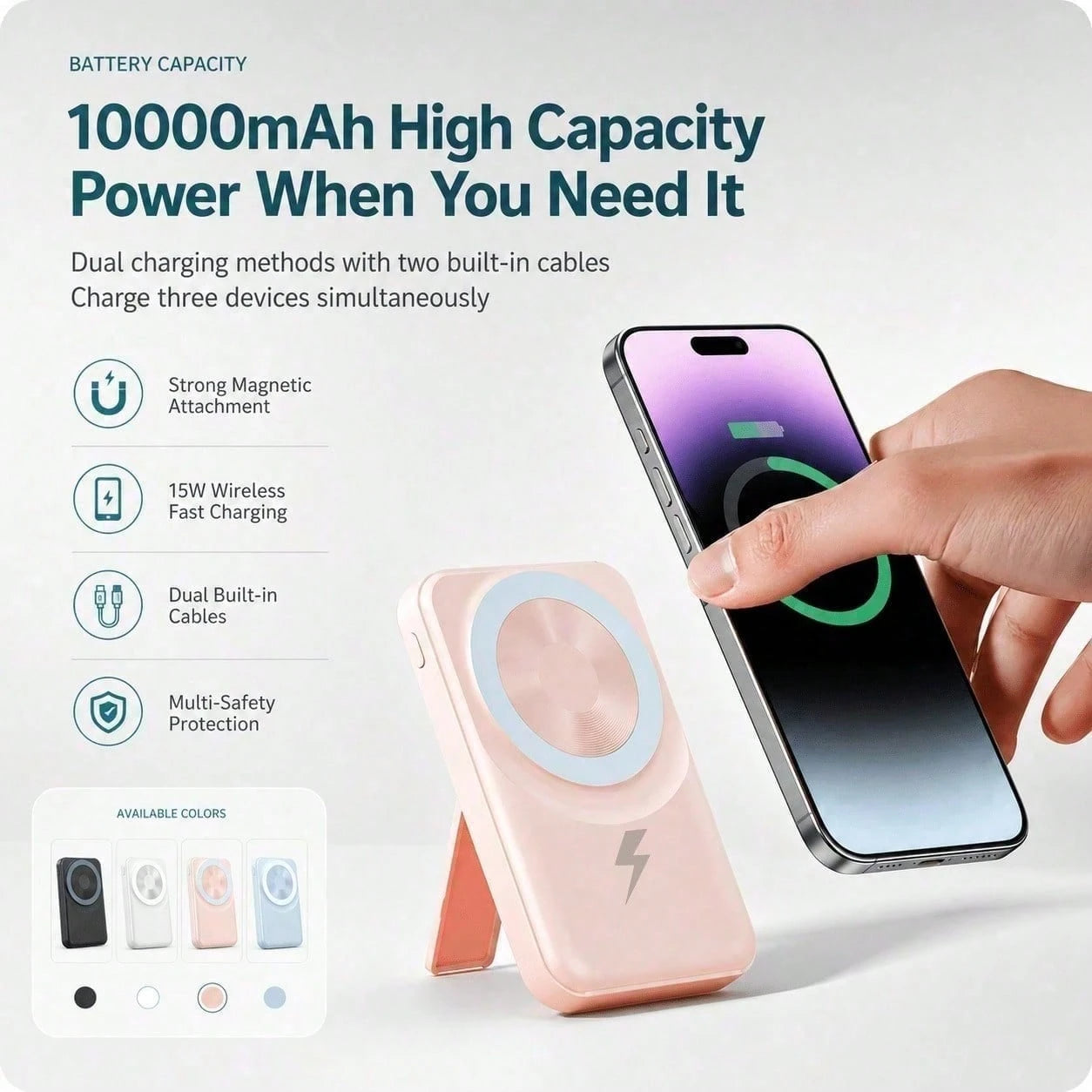White And Green 10000mAh Magnetic Phone Charger With 15W Wireless And 22.5W Fast Charging, Featuring An LED Charge Indicator, Compact White Case And Rear Support For Desk Viewing, Compatible With IPho