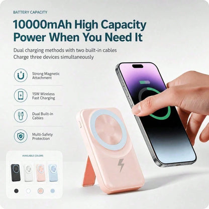 White And Green 10000mAh Magnetic Phone Charger With 15W Wireless And 22.5W Fast Charging, Featuring An LED Charge Indicator, Compact White Case And Rear Support For Desk Viewing, Compatible With IPho