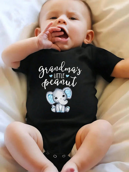White Baby Romper With Grandma's Little Peanut Pattern Baby Boys And Girls 2025 Newborn Baby Bodysuit Casual Short Sleeve Knitted Fabric Monogram Print Regular Baby Clothing Suitable For Outdoors