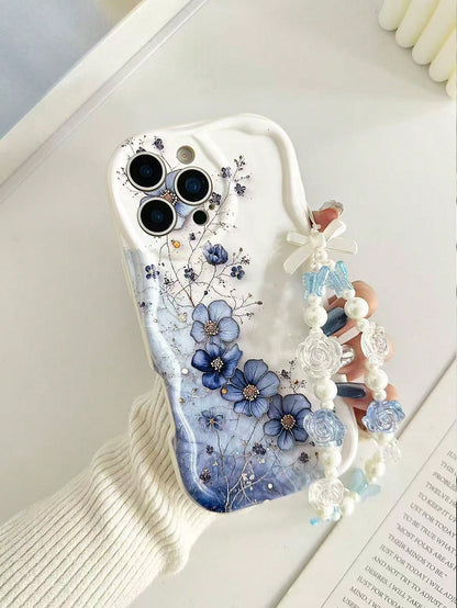 White Blue Floral Pattern Novelty Cases Cream Wavy Glossy Painted Anti-Drop Phone Case With Beaded Butterfly Bracelet Accessory, Compatible With IPhone, Compatible With Galaxy, Compatible With Redmi