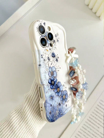 White Blue Floral Pattern Novelty Cases Cream Wavy Glossy Painted Anti-Drop Phone Case With Beaded Butterfly Bracelet Accessory, Compatible With IPhone, Compatible With Galaxy, Compatible With Redmi