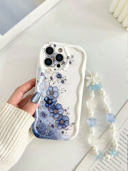 White Blue Floral Pattern Novelty Cases Cream Wavy Glossy Painted Anti-Drop Phone Case With Beaded Butterfly Bracelet Accessory, Compatible With IPhone, Compatible With Galaxy, Compatible With Redmi