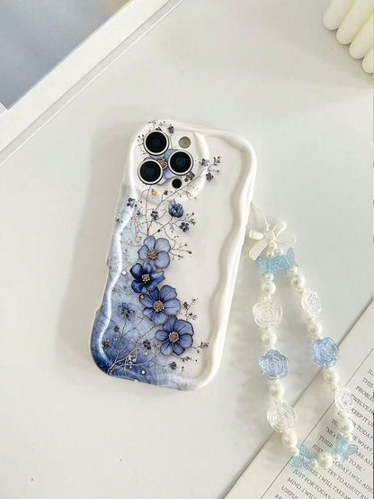 White Blue Floral Pattern Novelty Cases Cream Wavy Glossy Painted Anti-Drop Phone Case With Beaded Butterfly Bracelet Accessory, Compatible With IPhone, Compatible With Galaxy, Compatible With Redmi