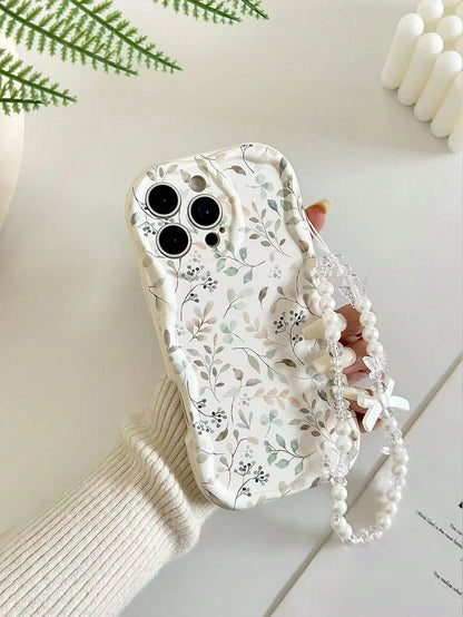 White Blue Floral Pattern Novelty Cases Cream Wavy Glossy Painted Anti-Drop Phone Case With Beaded Butterfly Bracelet Accessory, Compatible With IPhone, Compatible With Galaxy, Compatible With Redmi