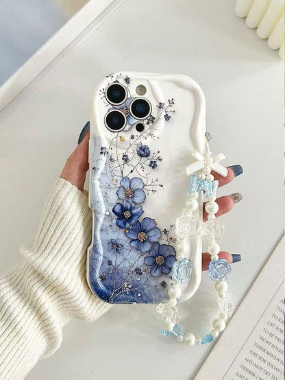 White Blue Floral Pattern Novelty Cases Cream Wavy Glossy Painted Anti-Drop Phone Case With Beaded Butterfly Bracelet Accessory, Compatible With IPhone, Compatible With Galaxy, Compatible With Redmi