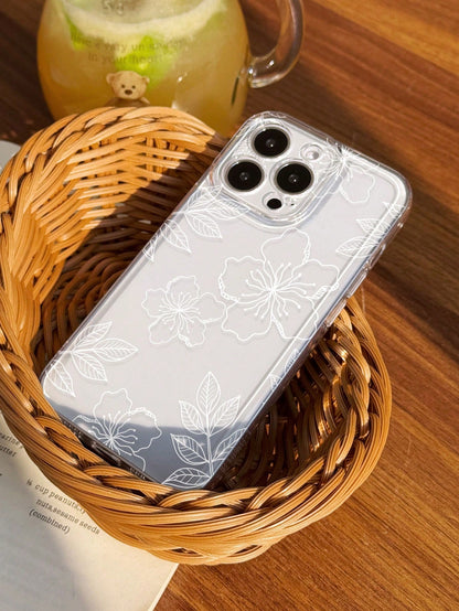 White Flower Elements Fashion Phone Case 1pc Ins Style Hibiscus & Leaf Pattern Soft Phone Case Non-Slip Protective Cover Compatible With Iphone 11/12/13/14/15/16 Pro Max Waterproof Shockproof Anti-Fal