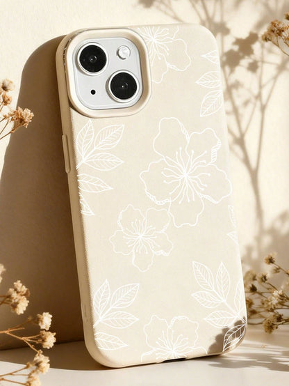 White Flower Elements Fashion Phone Case 1pc Ins Style Hibiscus & Leaf Pattern Soft Phone Case Non-Slip Protective Cover Compatible With Iphone 11/12/13/14/15/16 Pro Max Waterproof Shockproof Anti-Fal