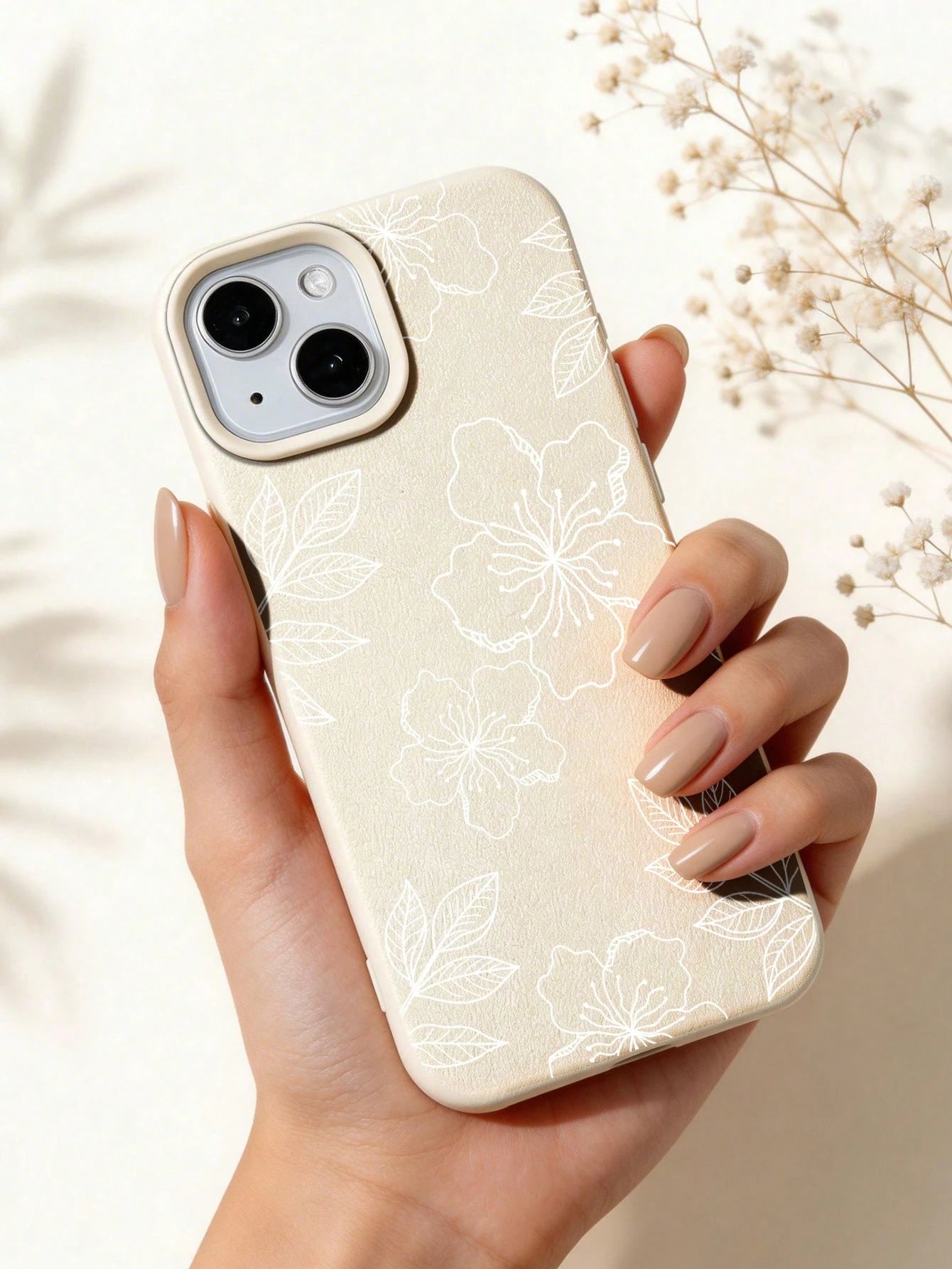 White Flower Elements Fashion Phone Case 1pc Ins Style Hibiscus & Leaf Pattern Soft Phone Case Non-Slip Protective Cover Compatible With Iphone 11/12/13/14/15/16 Pro Max Waterproof Shockproof Anti-Fal