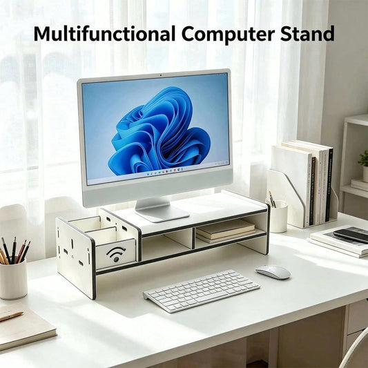 White Monitor Stand Riser With Side Storage Compartment, Ergonomic Computer Riser With Multi-Tier Desk Organizer For Home & Office