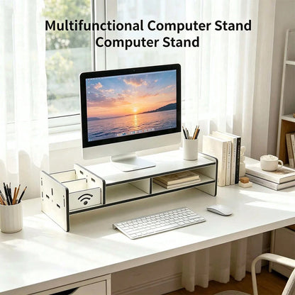 White Monitor Stand Riser With Side Storage Compartment, Ergonomic Computer Riser With Multi-Tier Desk Organizer For Home & Office