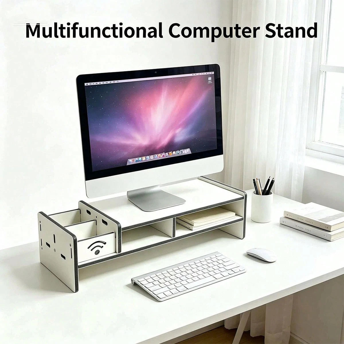 White Monitor Stand Riser With Side Storage Compartment, Ergonomic Computer Riser With Multi-Tier Desk Organizer For Home & Office
