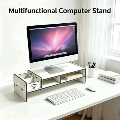 White Monitor Stand Riser With Side Storage Compartment, Ergonomic Computer Riser With Multi-Tier Desk Organizer For Home & Office