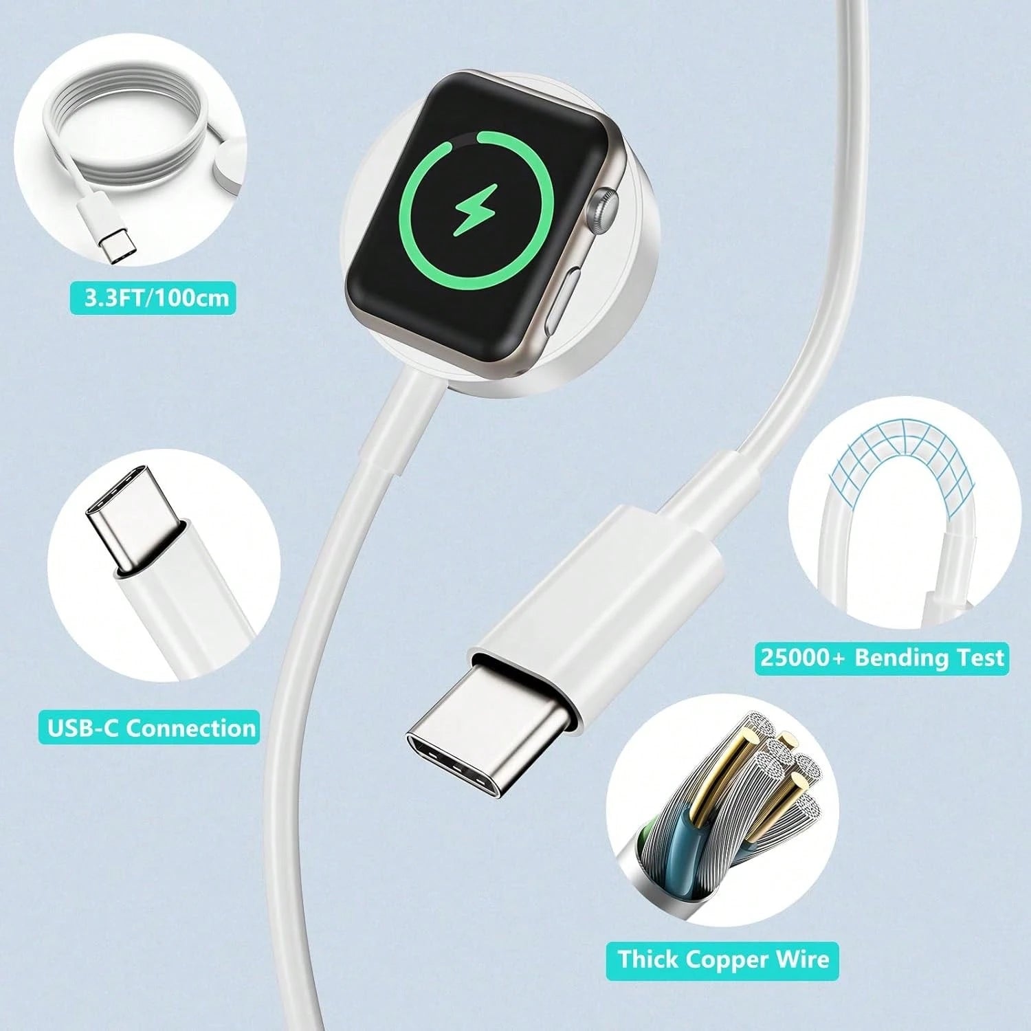 White Wireless Charging Smartwatch Charger 1pc Magnetic Charging Cable Compatible With Apple Watch Series Ultra/Ultra2/9/8/7/SE/6/5/4/3/2/1 USB/Type-C Portable Compact Durable Magnetic Wireless Charge