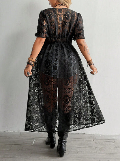 Whyspr Plus Size V-Neck Lace Hollow Out Jacquard Short Sleeve Elegant Retro Cute Beach Casual Cinched Waist A-Line Open Front Long Shirt, Black