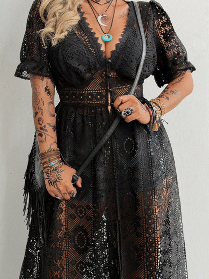 Whyspr Plus Size V-Neck Lace Hollow Out Jacquard Short Sleeve Elegant Retro Cute Beach Casual Cinched Waist A-Line Open Front Long Shirt, Black